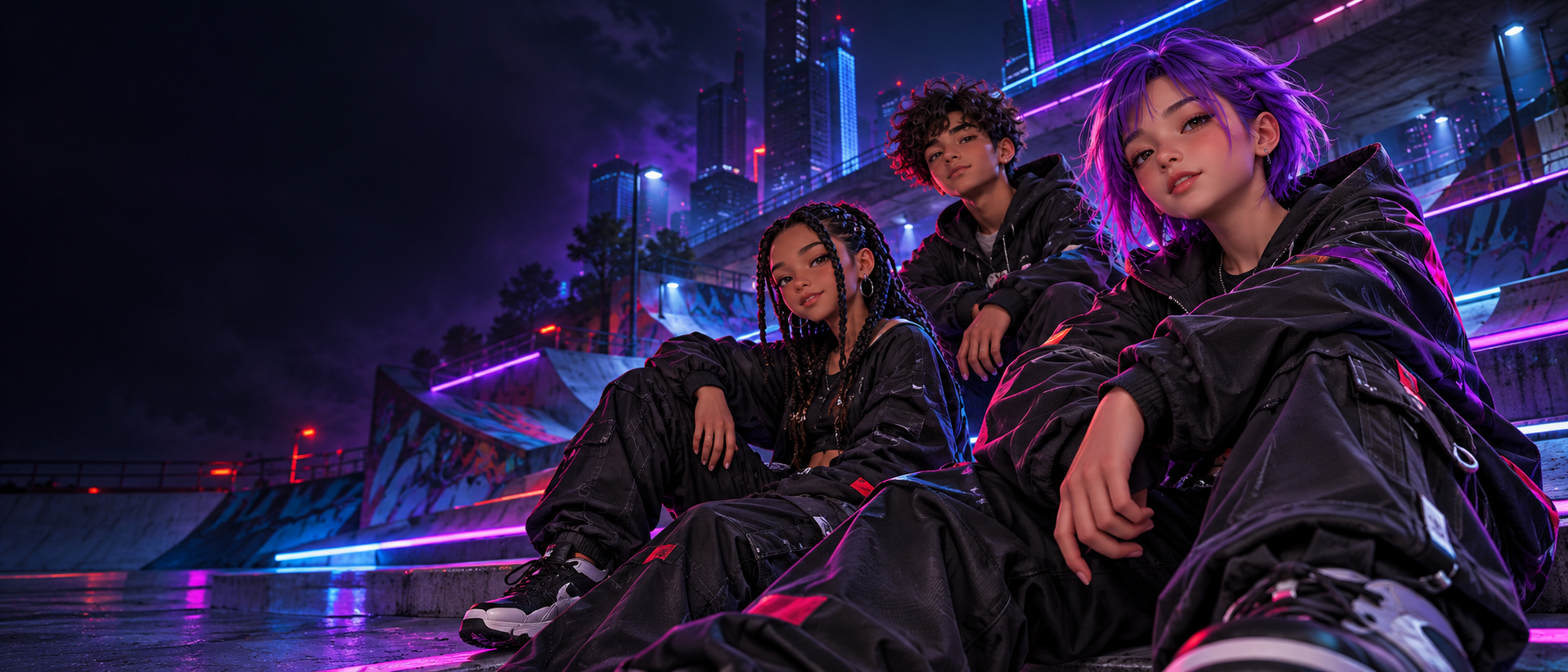 Ilustración de tres amigos con ropa urbana en una ciudad iluminada en violeta y cian
