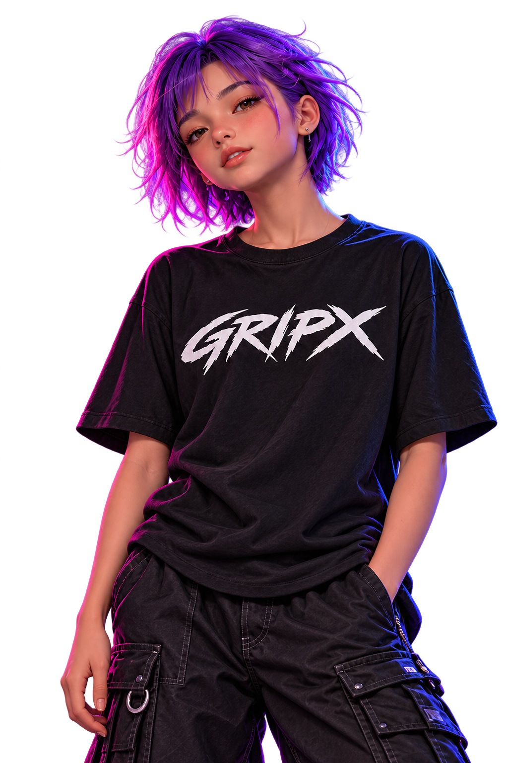 Personaje de pelo violeta con camiseta GRIPX: Control