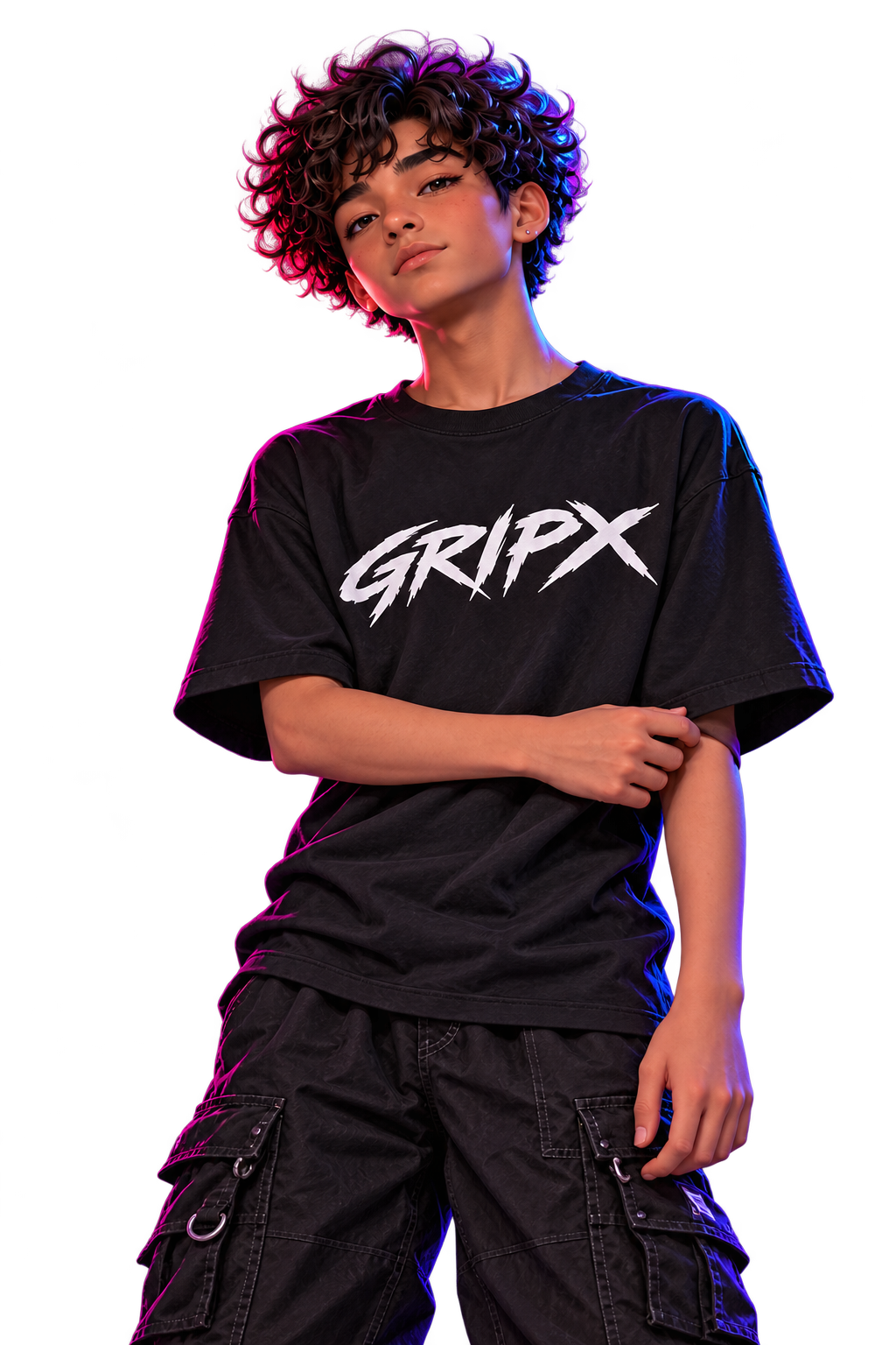 Personaje de pelo rizado con camiseta GRIPX: Discipline