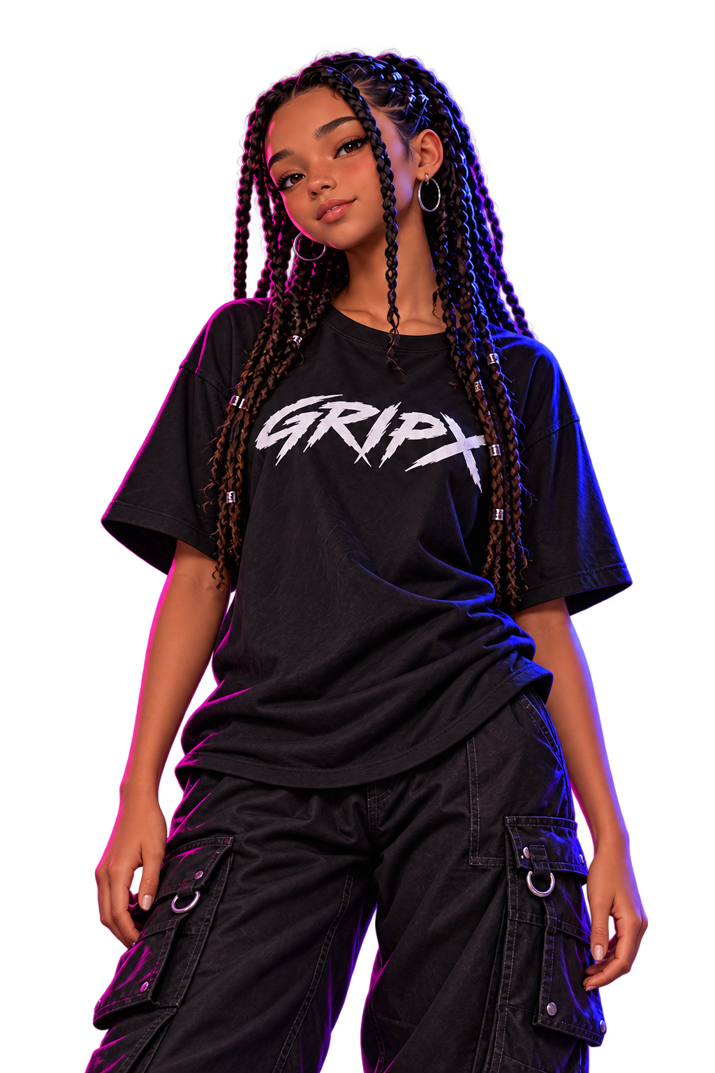 Personaje con trenzas y camiseta GRIPX: Focus