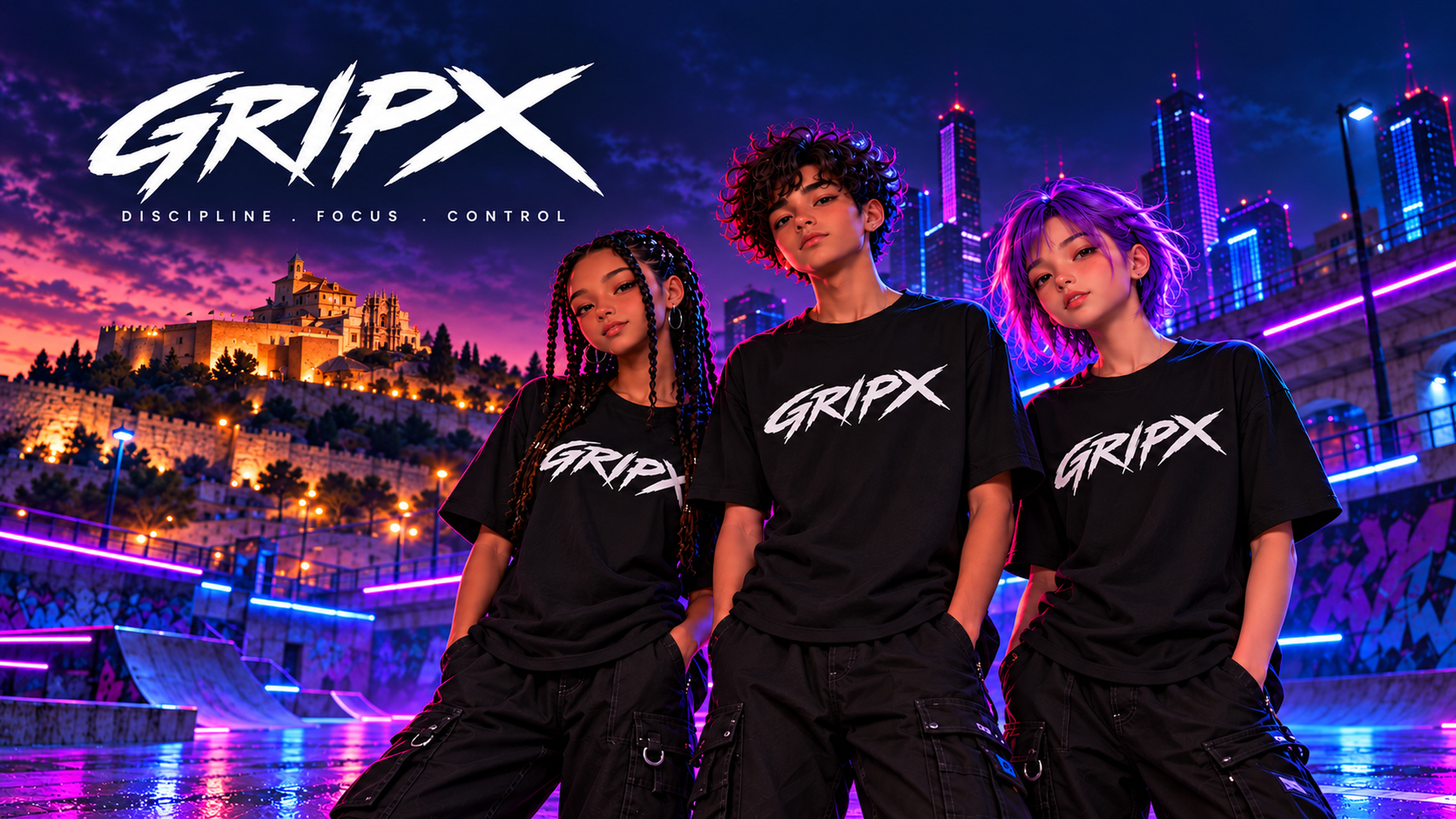 Fondo de escritorio GRIPX con los tres personajes y sus camisetas