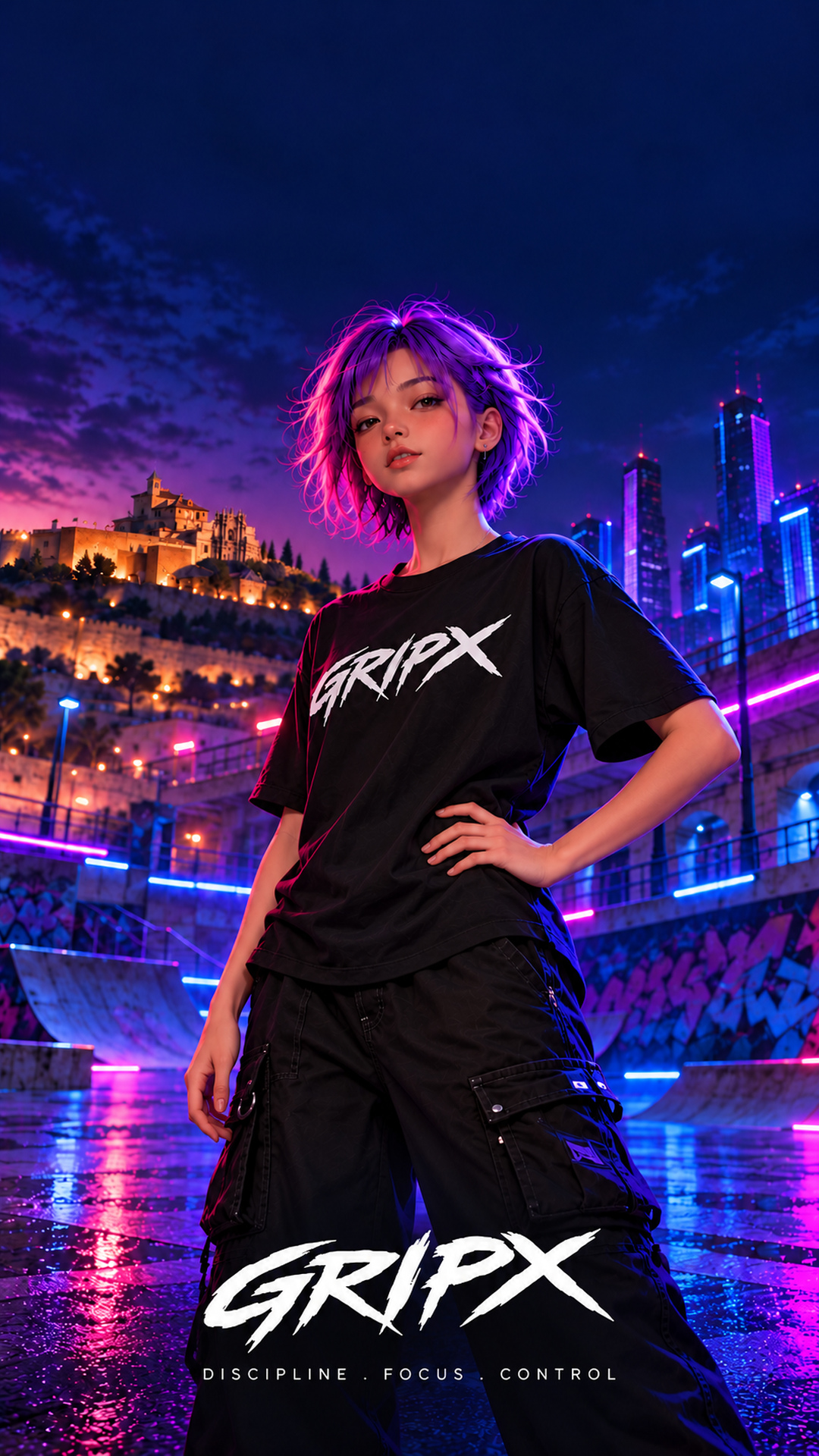Fondo vertical GRIPX con el personaje de pelo violeta